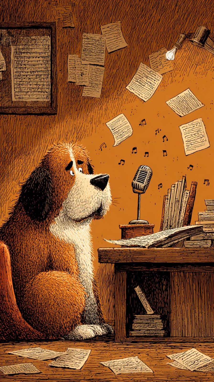 Eddy the St. Bernard at a wooden desk, vintage microphone in front, papers floating in warm lamplight.